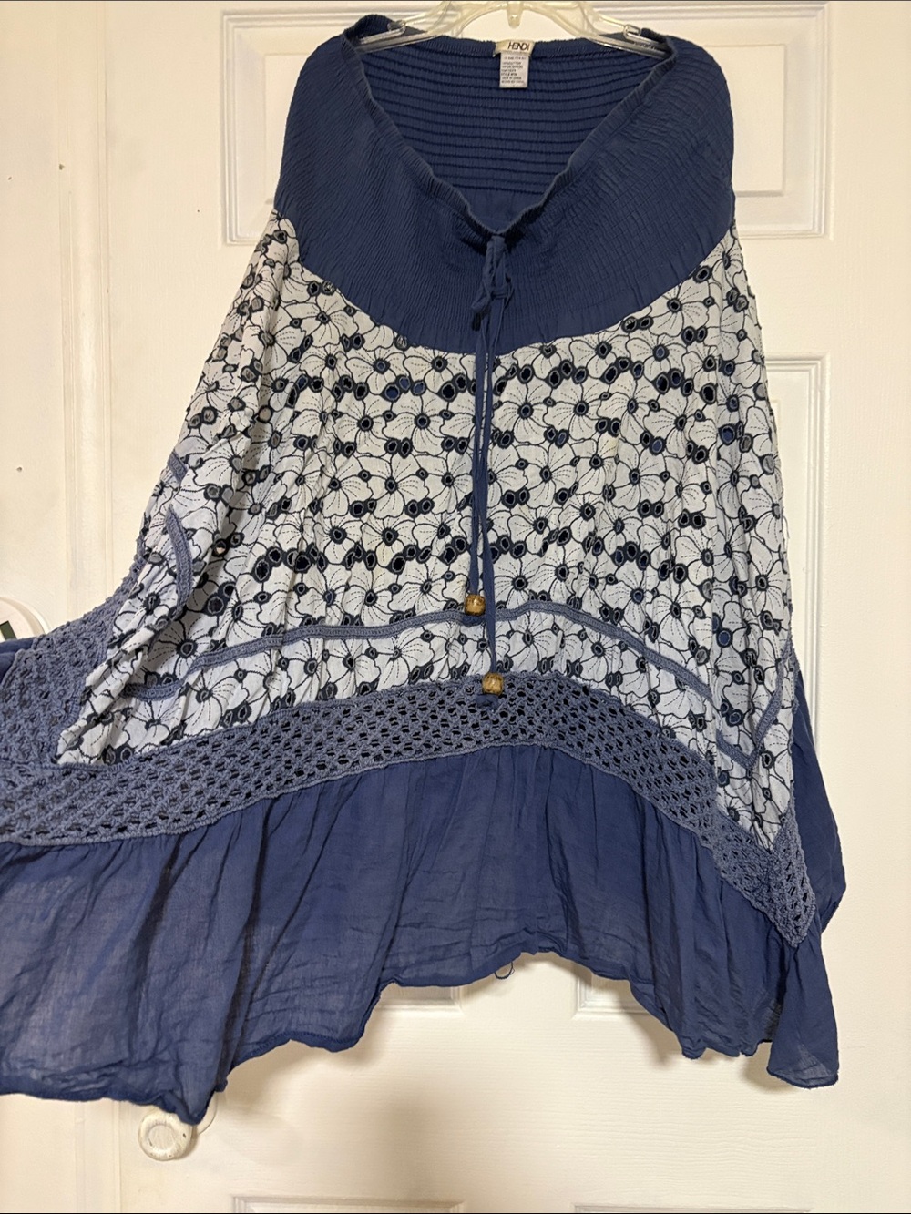 100% Cotton Hendi Boho Crochet Panel Midi Skirt - Navy & White - Not Specified